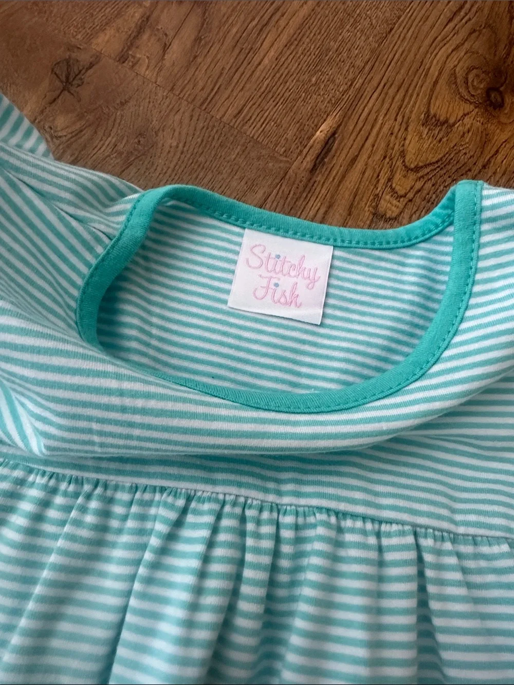 Stitchy Fish Girls Size 6 Aqua Stripe Shirt and Ruffle Shorts Set